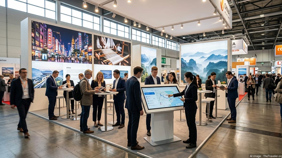 Trade visitors explore HonTrip’s Seeking China AI cultural travel booth at ITB Berlin 2026.