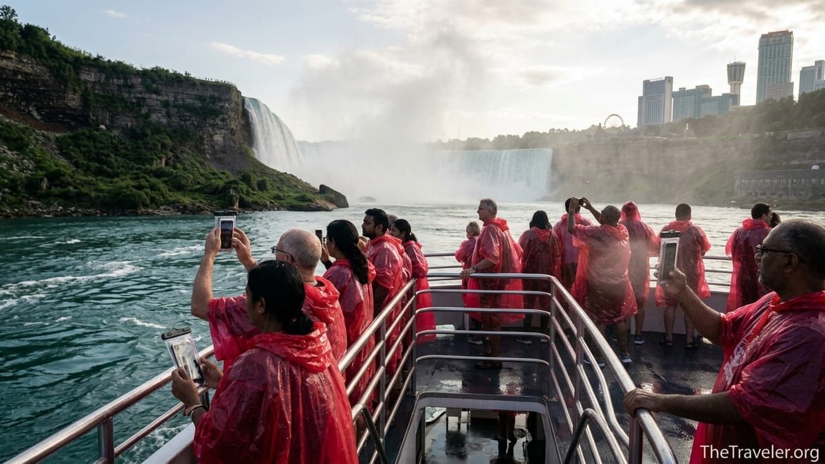 Passengers in red ponchos on a Niagara boat tour approaching the Horseshoe Falls in heavy mist.