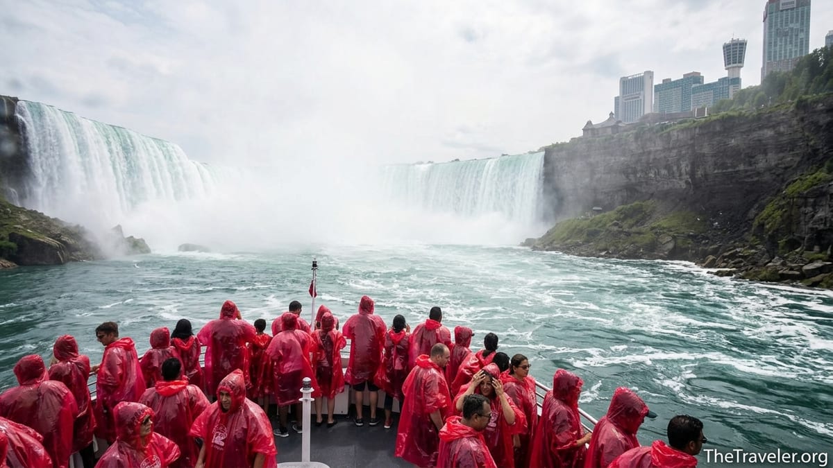 Tourists in red ponchos on a Hornblower boat approaching Horseshoe Falls at Niagara Falls.