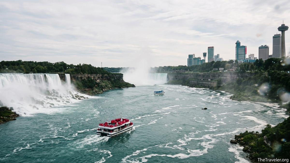 Niagara tour boats in red and blue ponchos approaching Horseshoe Falls amid heavy mist.