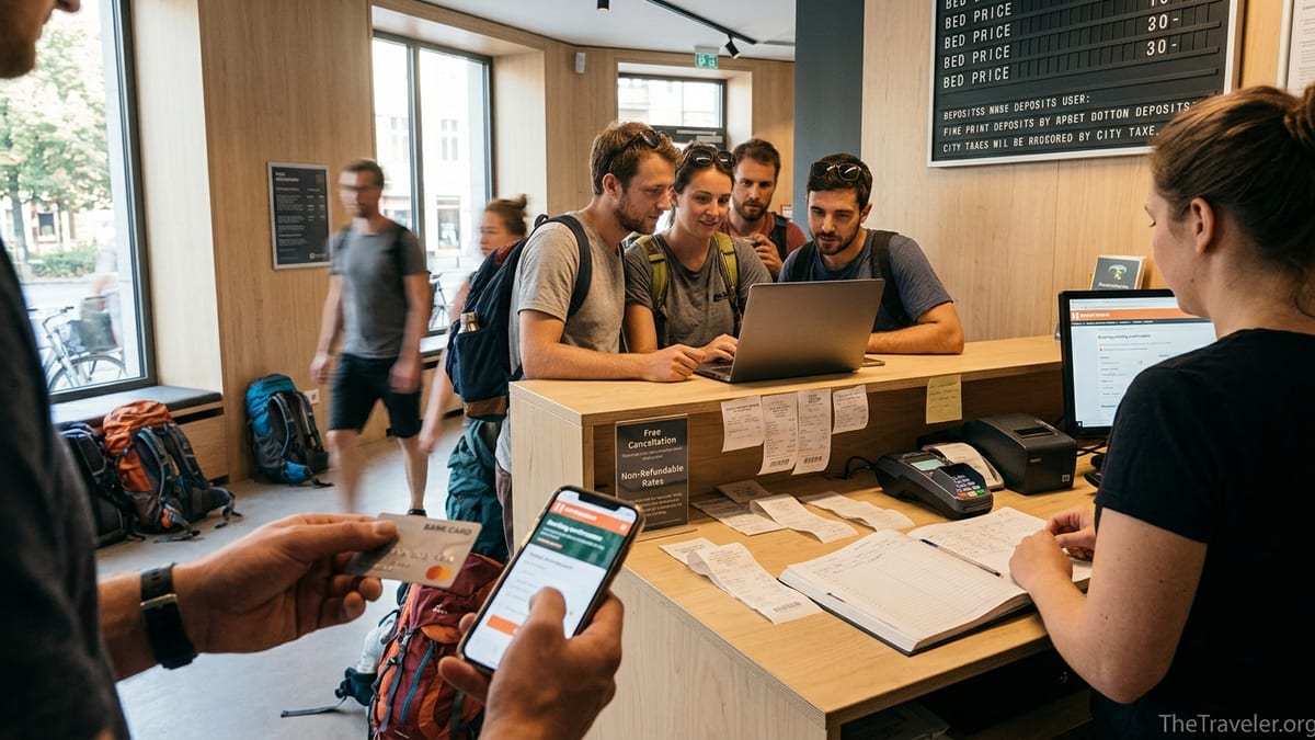 Backpackers checking in at a busy hostel reception, reviewing a Hostelworld booking on a phone.