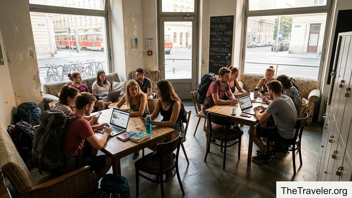 Budget travelers in a European hostel common room comparing bookings on laptops and phones.