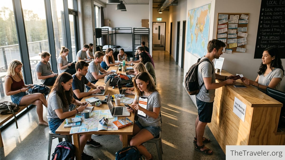 Backpackers in a hostel common room comparing Hostelworld on a phone with booking at reception.