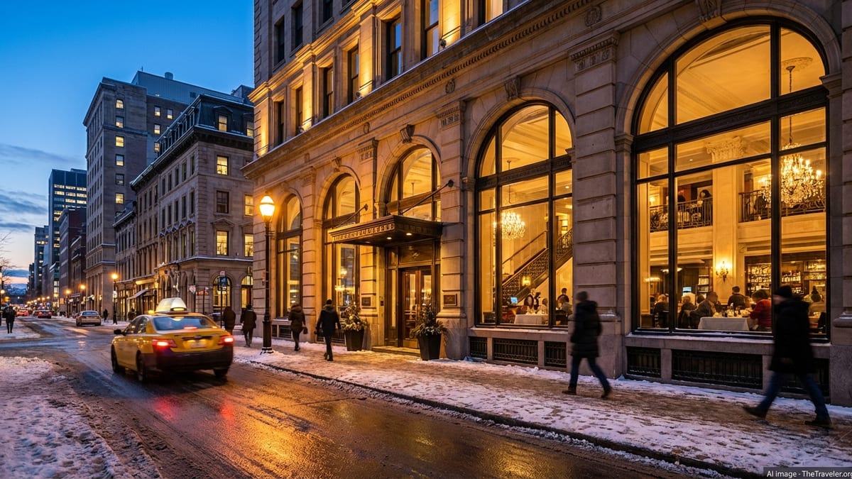Early evening street view of Hotel Birks Montreal glowing over Phillips Square in winter.