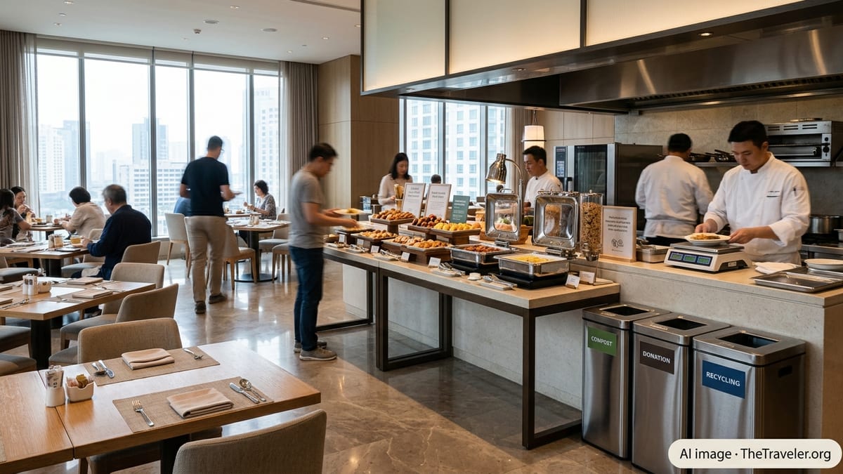 Hotel breakfast buffet with sustainability signage and staff sorting food waste behind the counter.