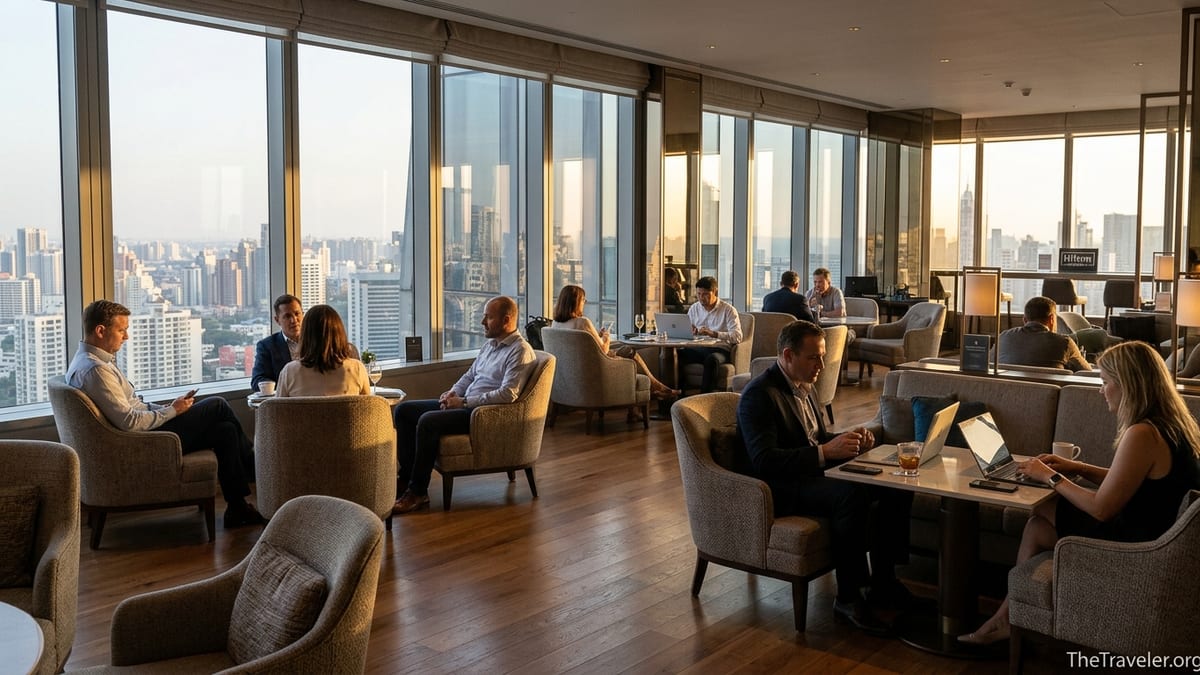 Hotel lounge at sunset with travelers relaxing and city skyline view.