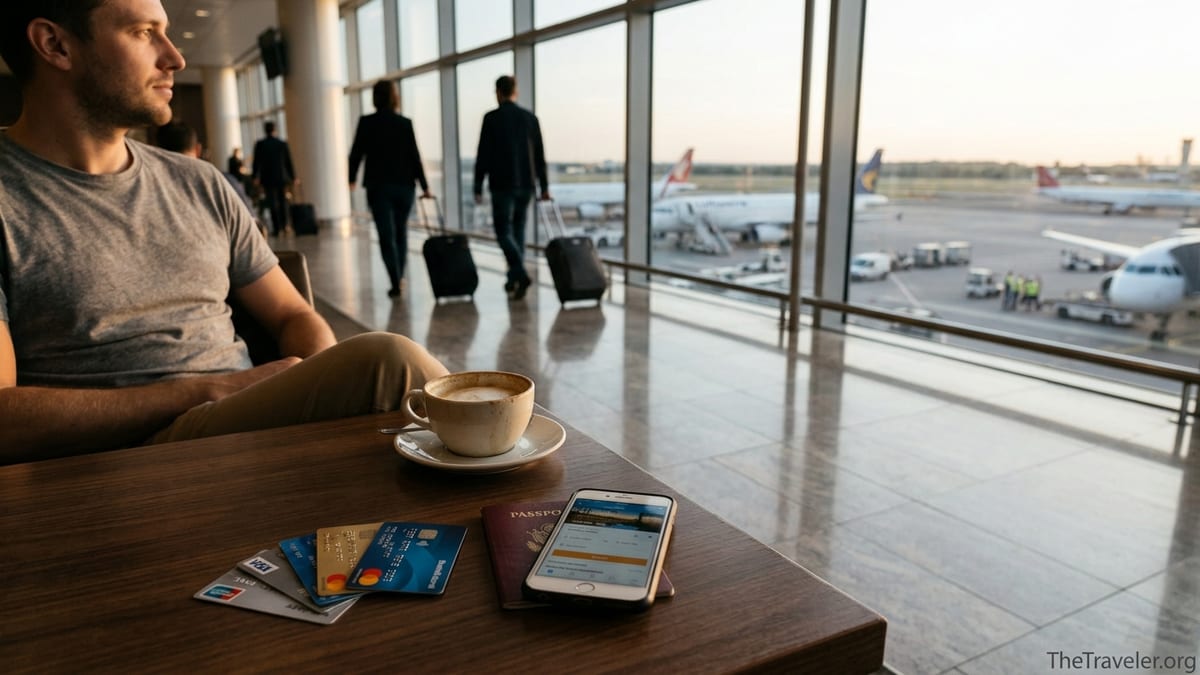 Traveler compares several hotel rewards credit cards in an airport lounge at sunset.