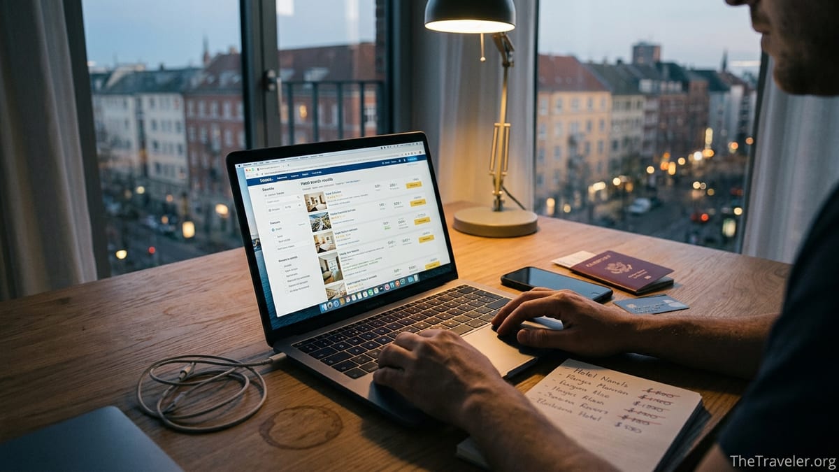 Traveler compares hotel prices on a laptop in a city apartment at dusk.