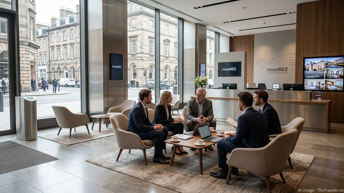 Hotel executives collaborate in a bright modern lobby with laptops and hotel imagery on screens.