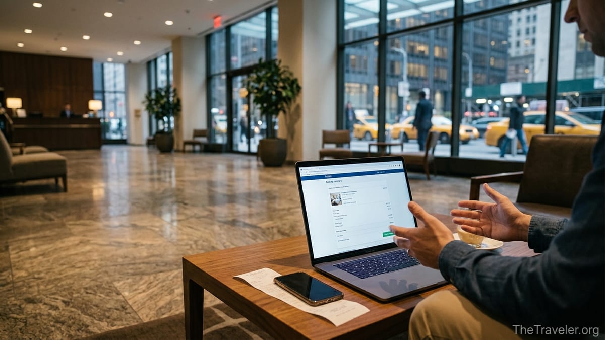 Traveler reviewing hotel booking fees on a laptop in a modern hotel lobby.