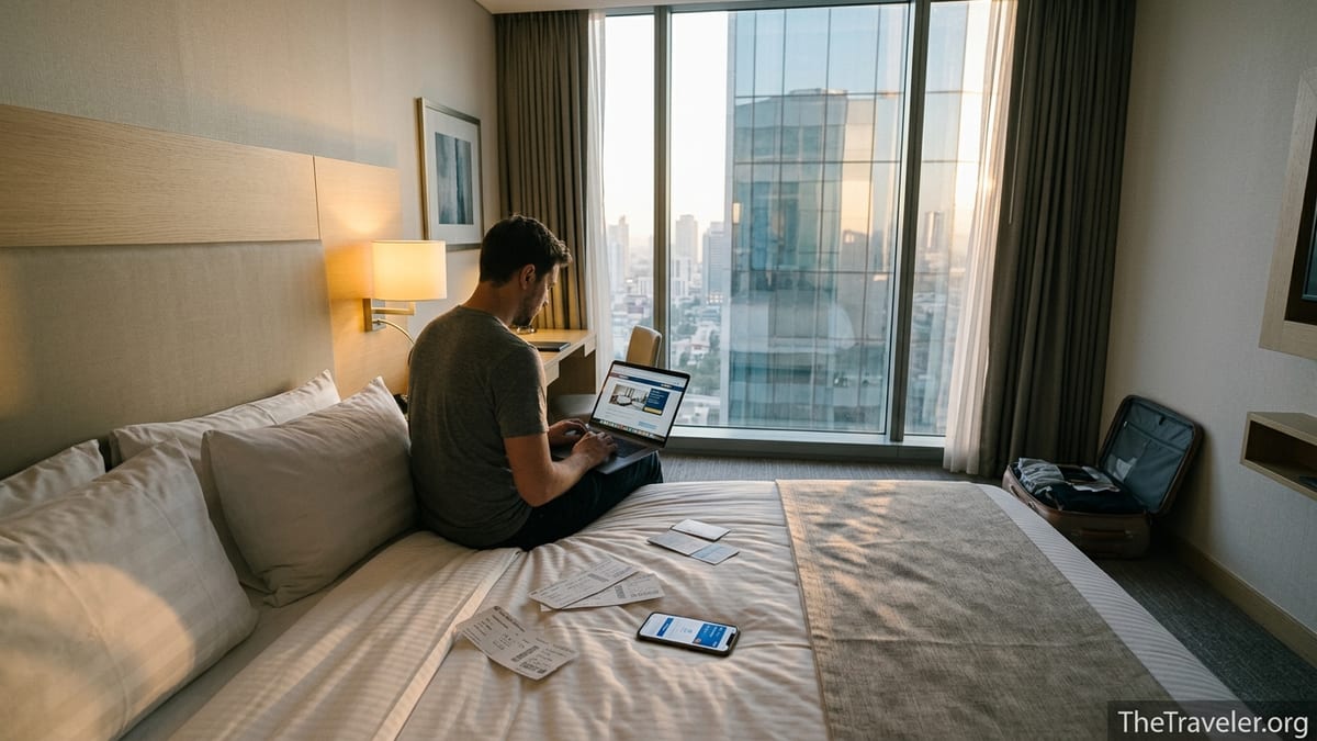 Traveler in a modern hotel room checking a rewards balance on a laptop at sunset.