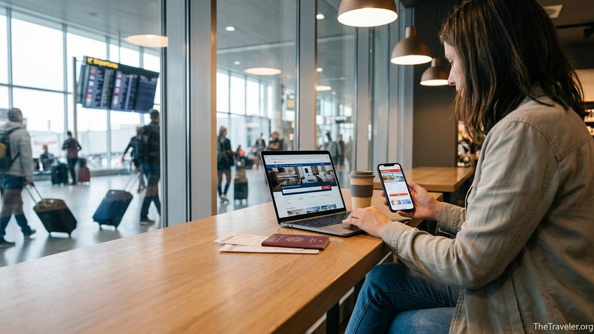 Traveler in an airport café comparing hotel booking sites on a laptop and phone.