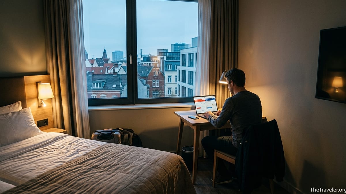 Traveler in a hotel room comparing hotel prices on a laptop using two booking sites.