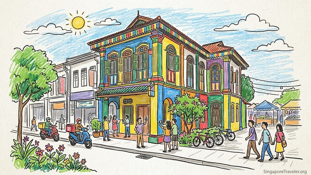 The colorful House of Tan Teng Niah on Kerbau Road in Singapore’s Little India, with pedestrians and street traffic.