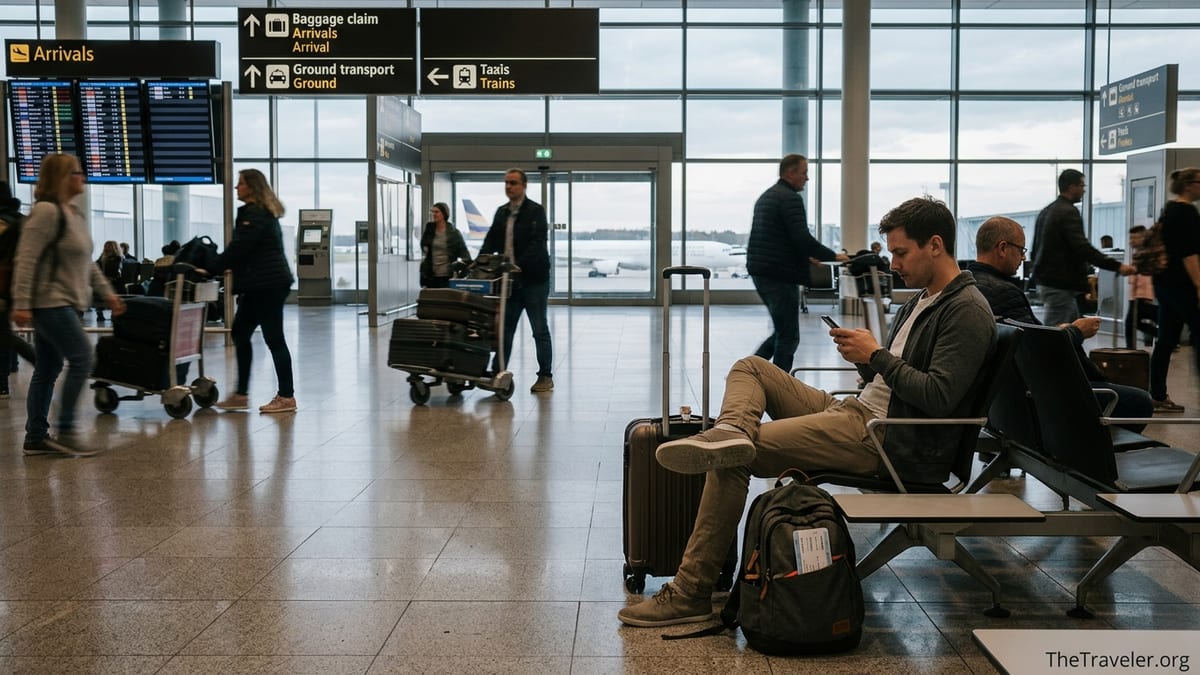 Traveler in an airport arrivals hall using a smartphone for eSIM data after landing.