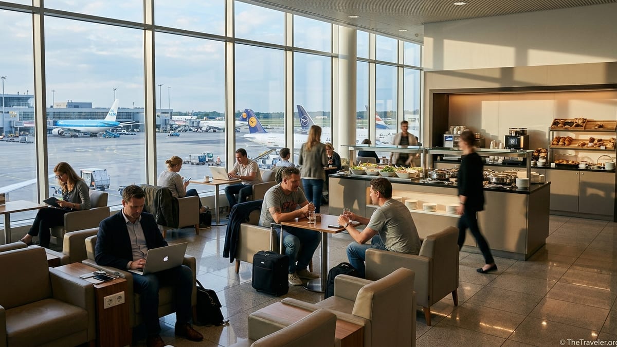 Travelers relaxing and working inside a bright Aspire-style airport lounge overlooking the runway.