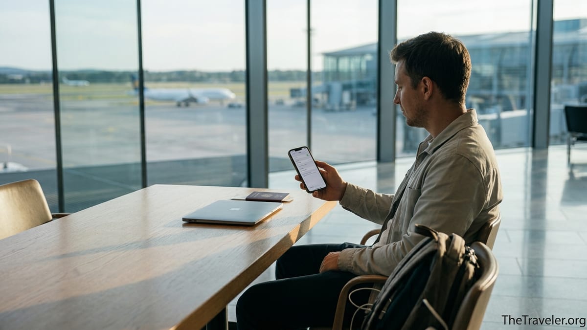 Traveler in an airport lounge using a smartphone eSIM while waiting for a flight.