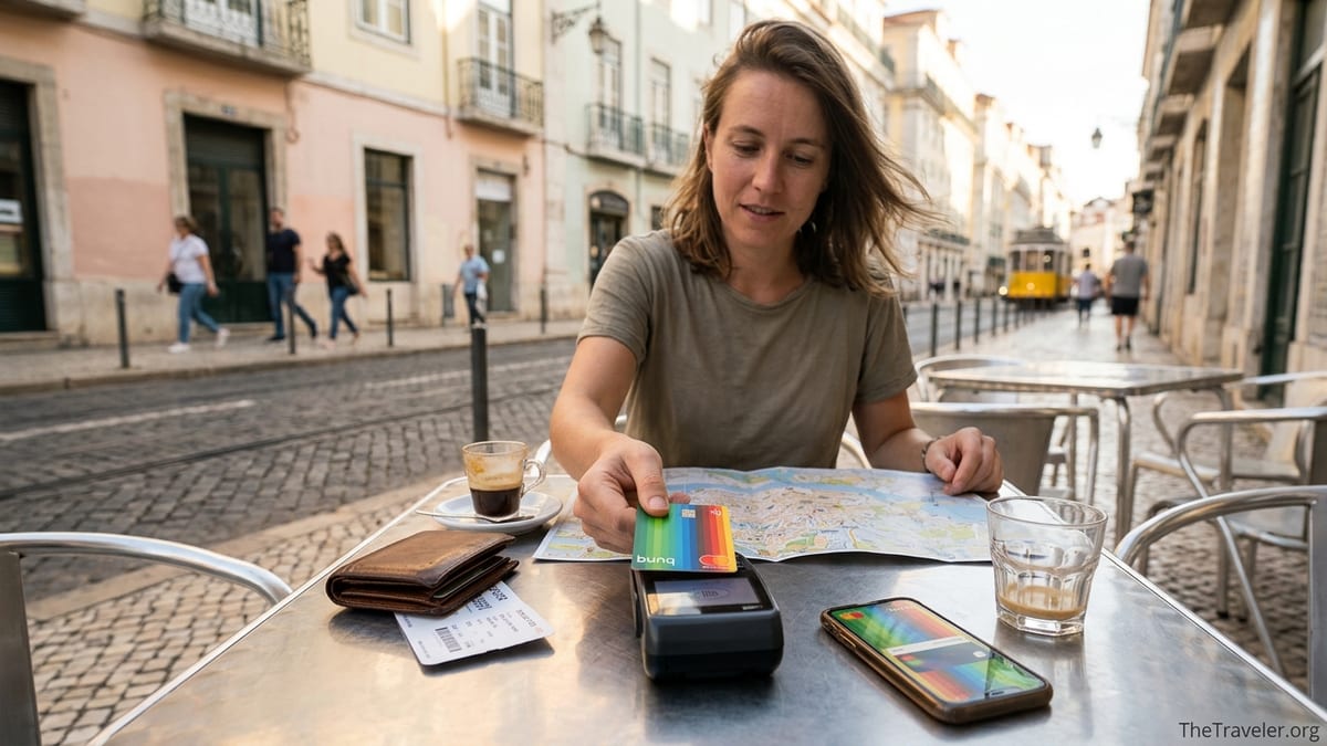Traveler paying with a bunq card at a cafe in Lisbon with street in background
