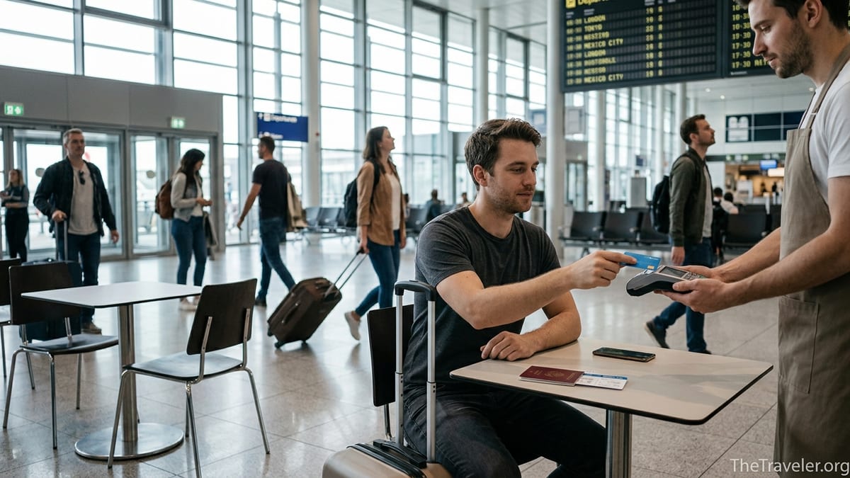Traveler at an airport table comparing two credit cards beside a passport.