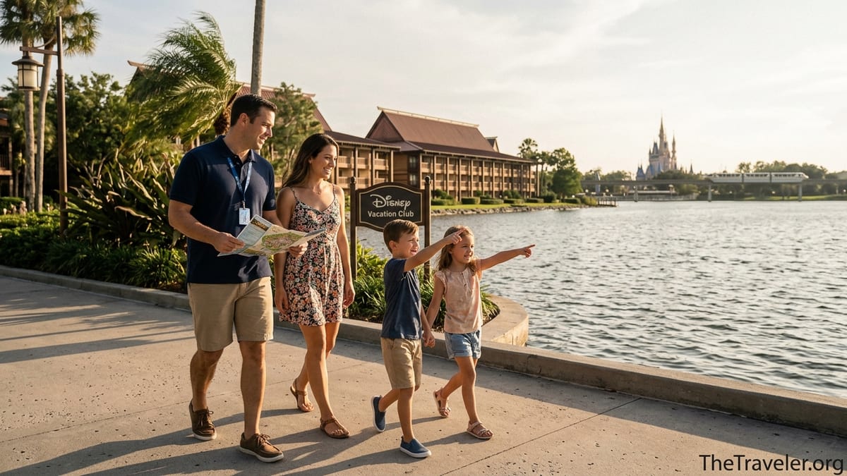 Family walking past Disney Vacation Club villas at sunset, looking toward Magic Kingdom skyline.