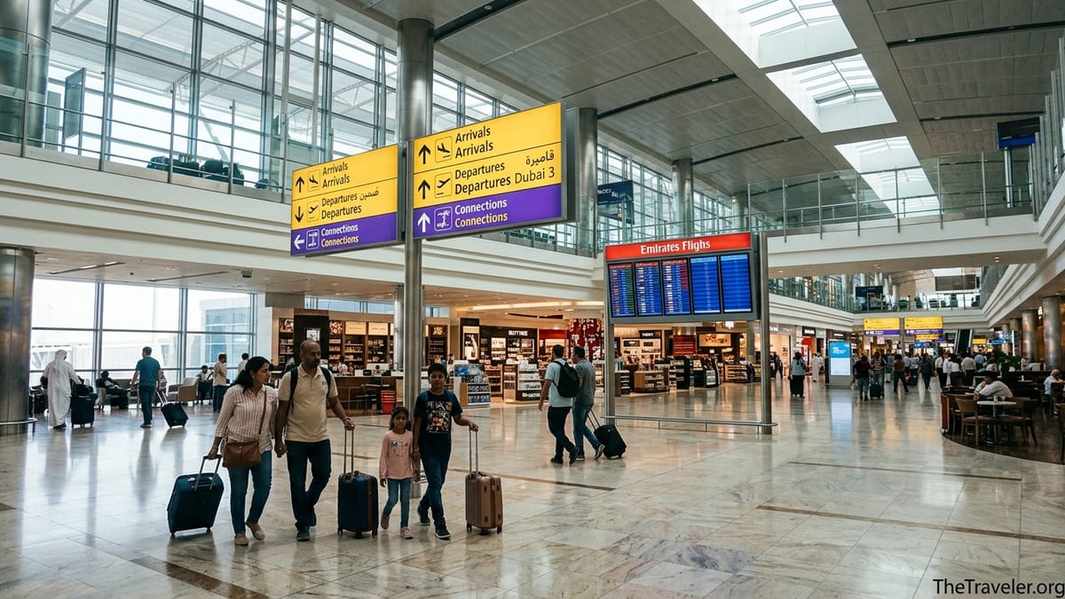 Busy departures hall at Dubai International Airport with travelers and signage.