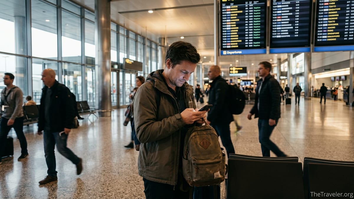 Traveler in an airport terminal setting up travel eSIM data on their phone.