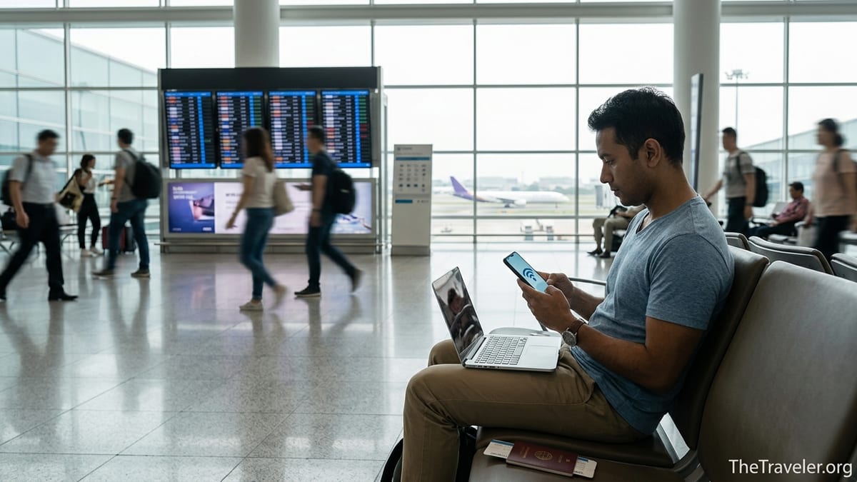Traveler in an airport lounge using a smartphone to manage international eSIM data.