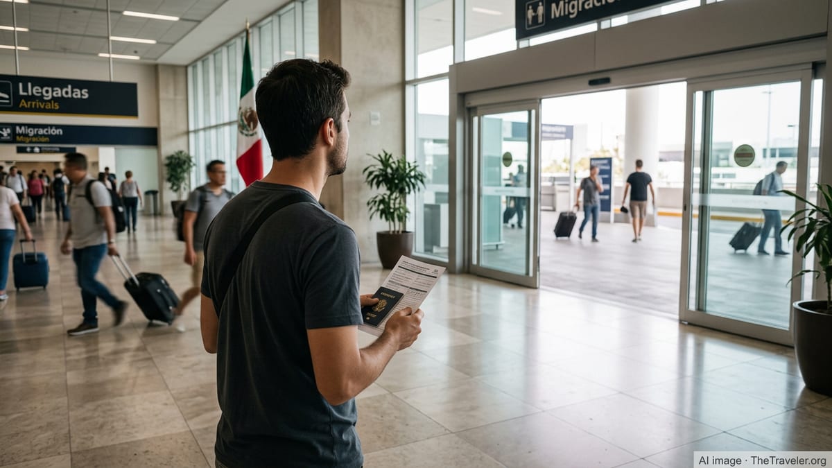 Traveler holding passport outside immigration exit at a Mexican airport, considering length of stay.