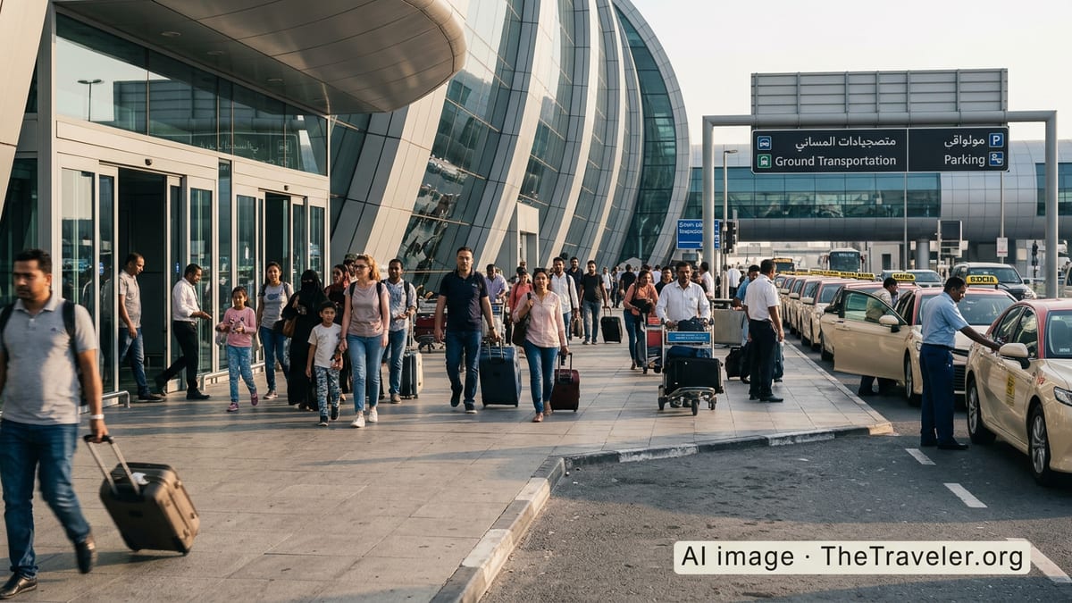 Travelers exiting Dubai airport terminal with luggage in bright afternoon light