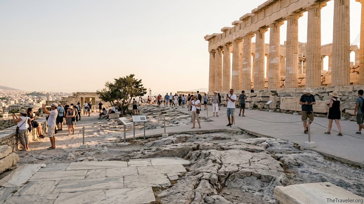 Visitors walking among ruins on the Acropolis with the Parthenon in warm late-afternoon light.