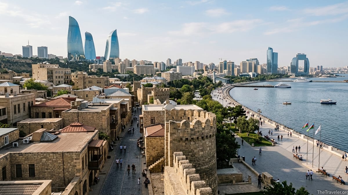 View over Baku’s Old City toward the Flame Towers and Caspian waterfront on a clear day.