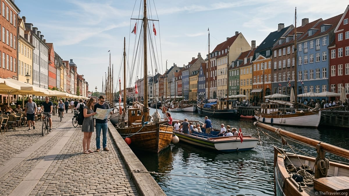 Summer afternoon at Nyhavn canal in Copenhagen with boats, cafés, and colorful houses.