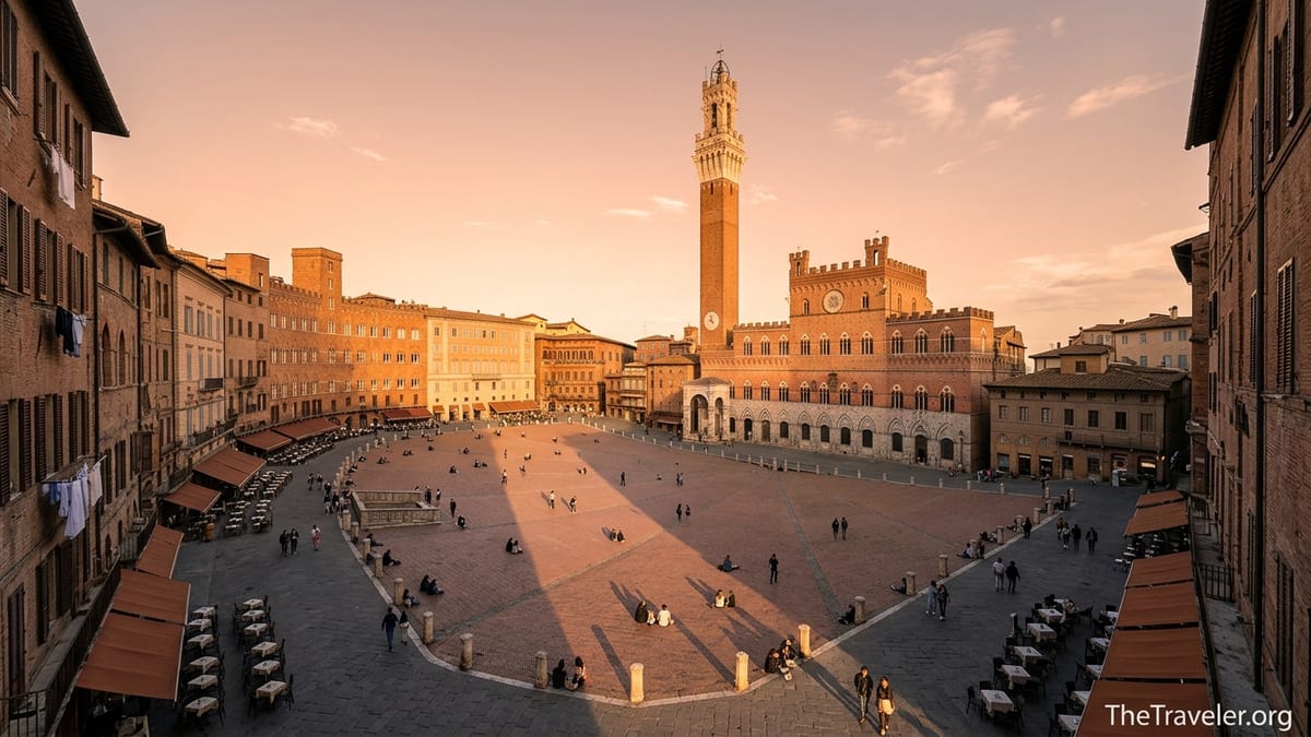 Golden hour view over Siena’s Piazza del Campo with Torre del Mangia and people in the square.