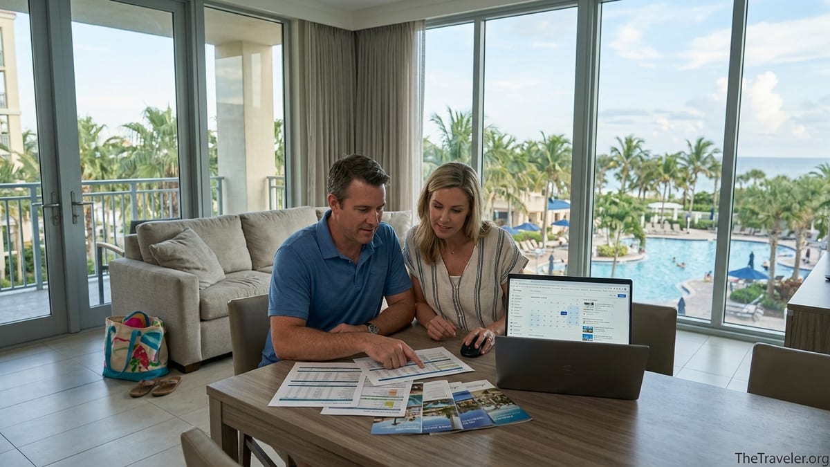 Couple reviewing Marriott Vacation Club documents in a sunlit villa overlooking a resort pool.