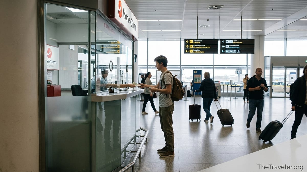 Traveler receiving cash at a MoneyGram counter in a busy international airport arrivals hall.