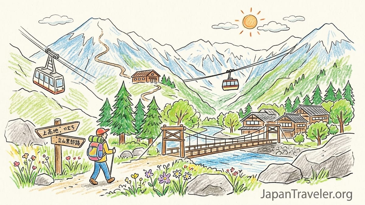 Traveler budgeting in Japan’s Northern Alps near an alpine route station with cable car lines and mountain peaks behind.