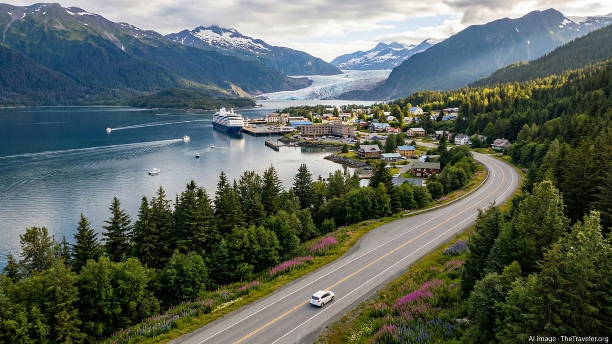 Summer view of an Alaskan fjord with highway, cruise ship and mountains in soft sunlight.