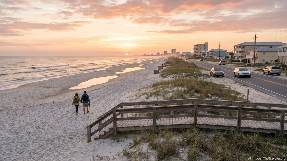 Sunrise over an Alabama Gulf Coast beach with dunes, boardwalk, and small town in the distance.