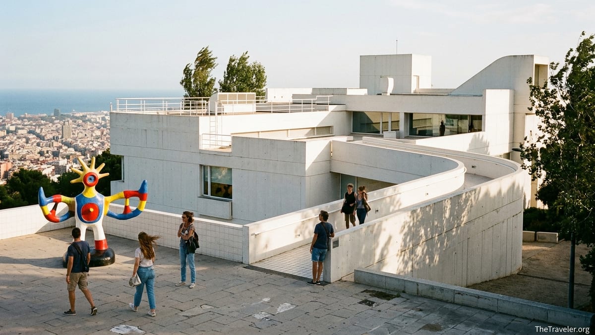 Visitors explore the terraces and sculpture outside the white Fundació Joan Miró building on Montjuïc in Barcelona.