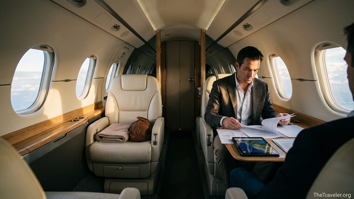 Passenger working inside a modern private jet cabin with sunlight streaming through windows.