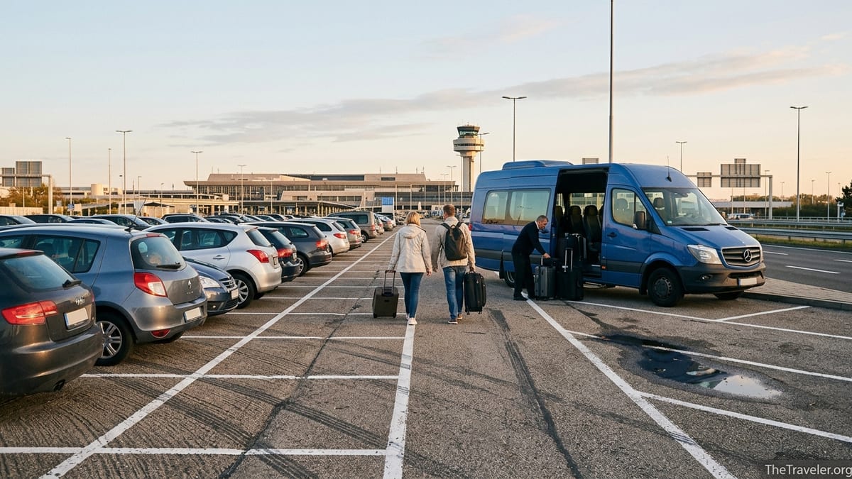 Travelers boarding an airport parking shuttle in an early-morning parking lot.