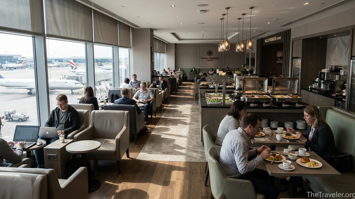Travelers relaxing and working inside a bright Plaza Premium airport lounge with runway views.