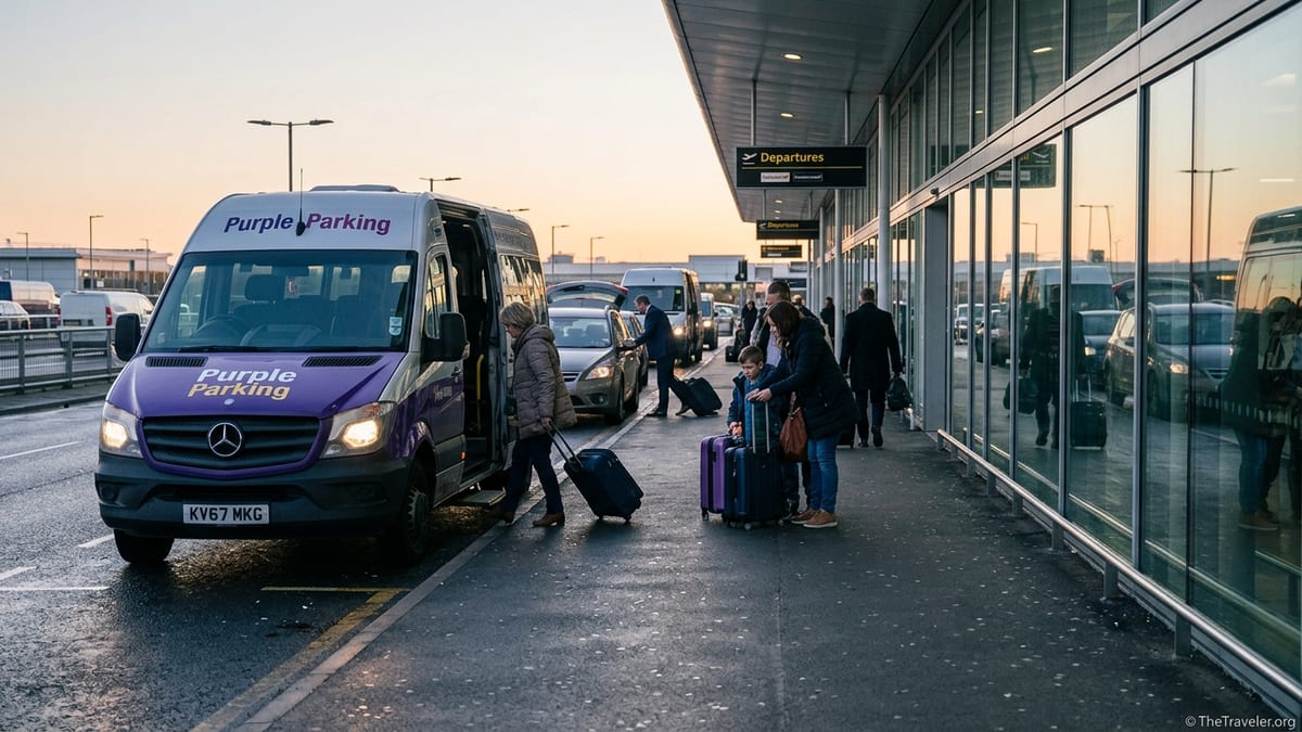 Travellers unload luggage beside a Purple Parking shuttle outside a UK airport terminal at dawn.