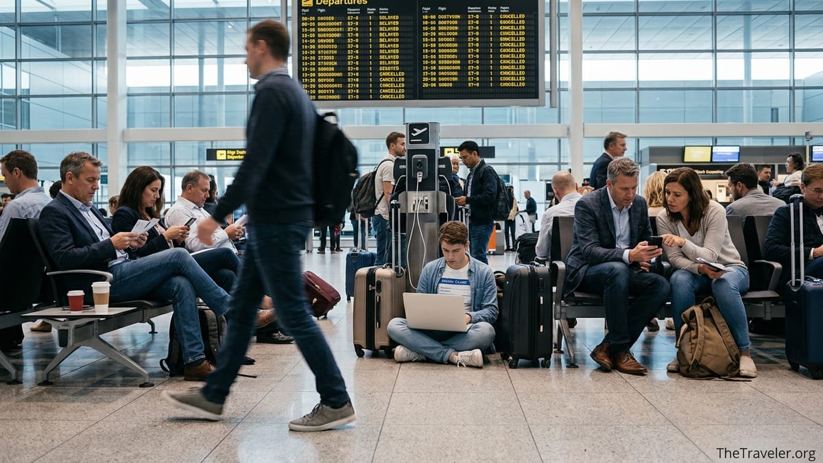 Delayed air travelers in a European airport checking devices near a departures board showing cancellations.