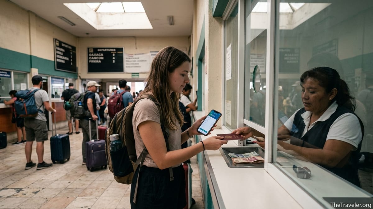 Traveler using a money transfer app while picking up cash at a counter abroad
