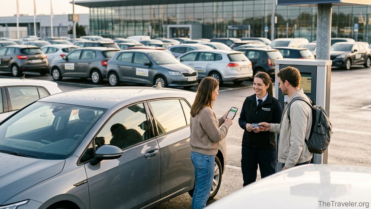 Travelers review rental car protection on a phone beside a rental car at an airport lot.