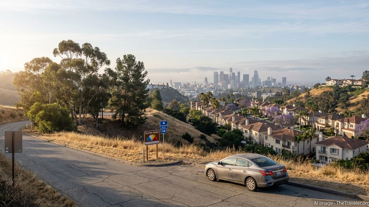 California hillside neighborhood above a city skyline at dawn with wildfire warning sign.