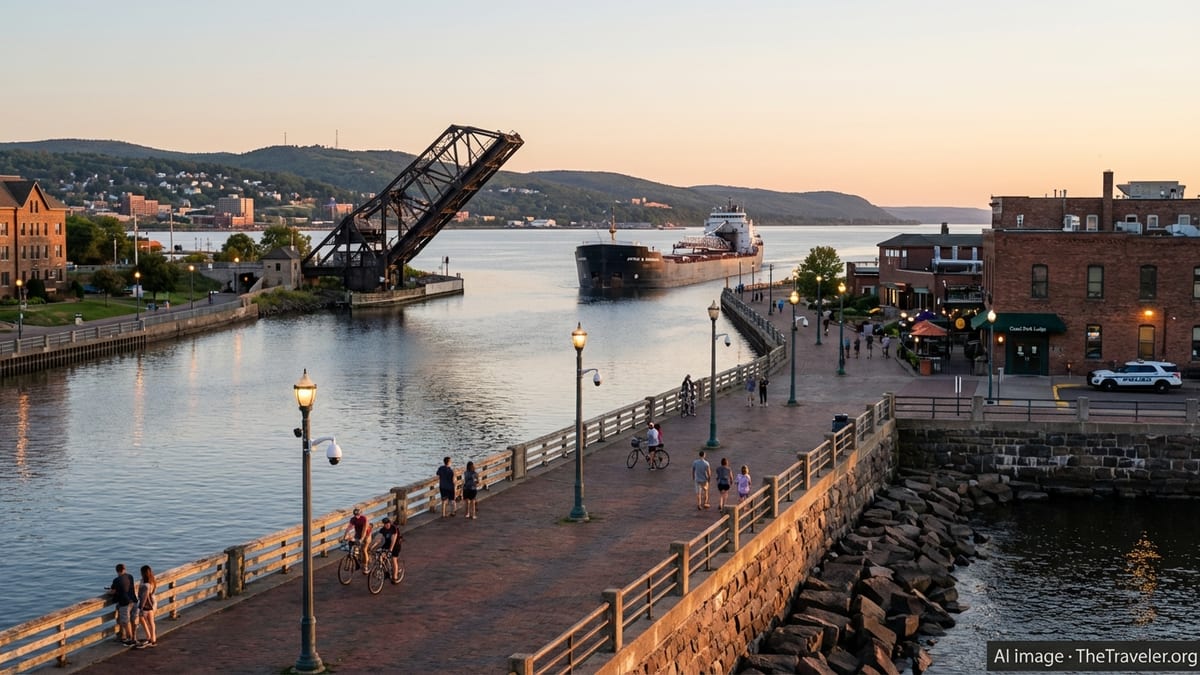 Evening view of Duluth’s Canal Park and Aerial Lift Bridge with people walking along the safe, well lit waterfront.