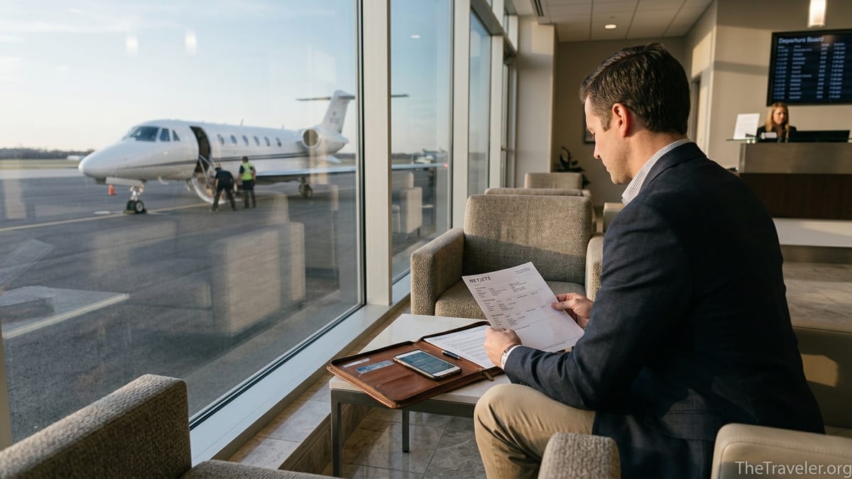 Traveler reviews a private jet itinerary in a lounge overlooking a NetJets-style aircraft.