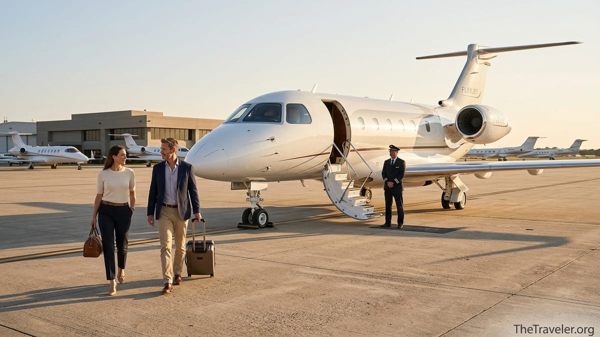 Travelers walk toward a Flexjet private jet on a sunlit airport ramp before boarding.